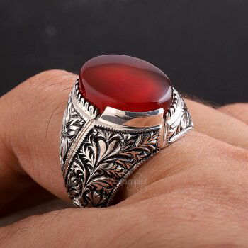 Koleksiyonluk Nurullah Daştan Usta Yemen Akik Taşlı Erzurum Kalem İşİ 925 Ayar Gümüş Yüzük - 3