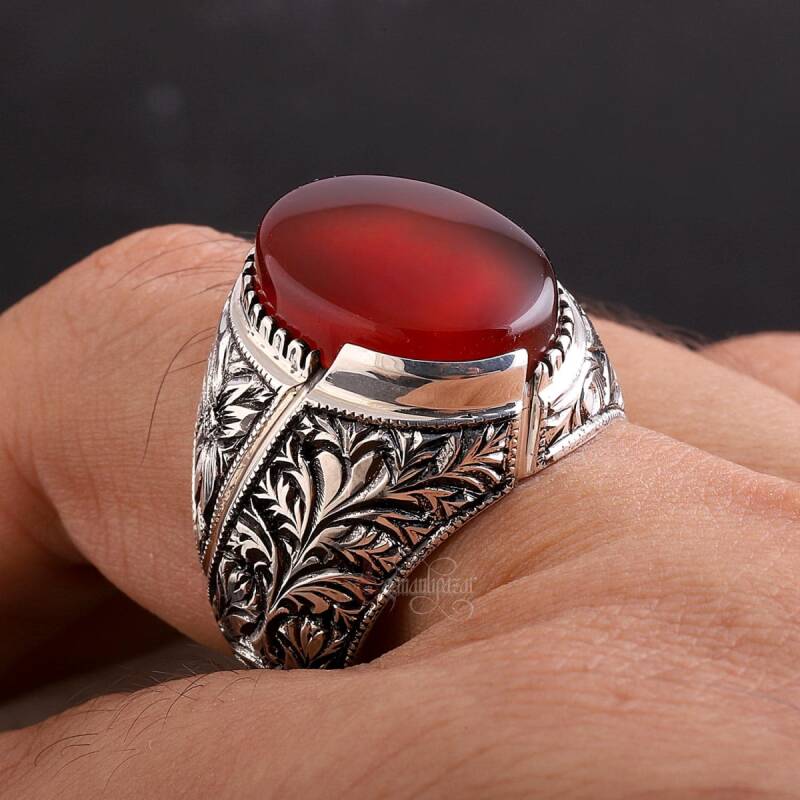 Koleksiyonluk Nurullah Daştan Usta Yemen Akik Taşlı Erzurum Kalem İşİ 925 Ayar Gümüş Yüzük - 3