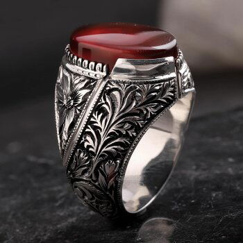 Koleksiyonluk Nurullah Daştan Usta Yemen Akik Taşlı Erzurum Kalem İşİ 925 Ayar Gümüş Yüzük - 2