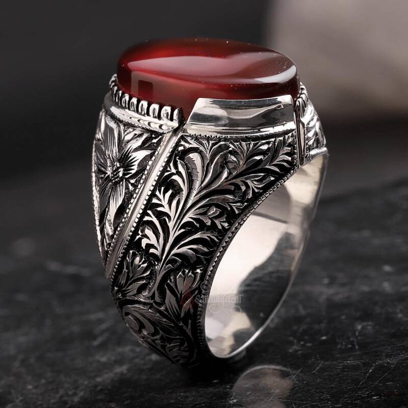 Koleksiyonluk Nurullah Daştan Usta Yemen Akik Taşlı Erzurum Kalem İşİ 925 Ayar Gümüş Yüzük - 2