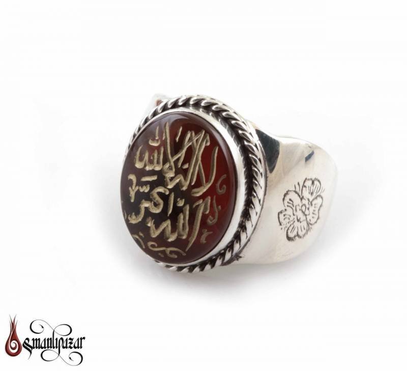 La ilahe illallah Allahu Ekber Yazılı Yemen Akik Taşlı 925 Ayar Gümüş Yüzük