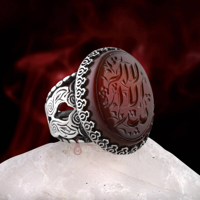 La İlâhe İllallah Eski Özel Hat Kazıma Yemen Akik Taşı 925 Ayar Gümüş Tamamı El Yazısı Yüzük