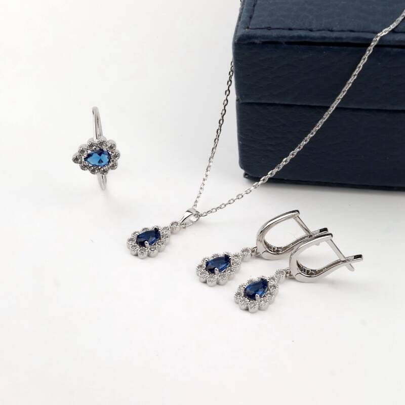 Laboratuvar Safiri El İşçiliği 925 Ayar Gümüş Takı Seti - 1