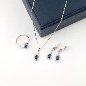 Laboratuvar Safiri El İşçiliği 925 Ayar Gümüş Takı Seti - 3