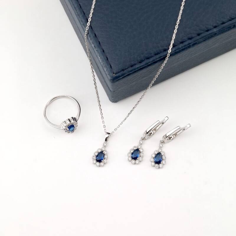 Laboratuvar Safiri El İşçiliği 925 Ayar Gümüş Takı Seti - 3