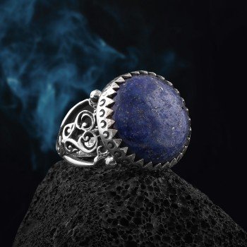 Lapis Lazuli Doğal Taşlı 925 Ayar Gümüş El İşçiliği Erkek Yüzük - Thumbnail