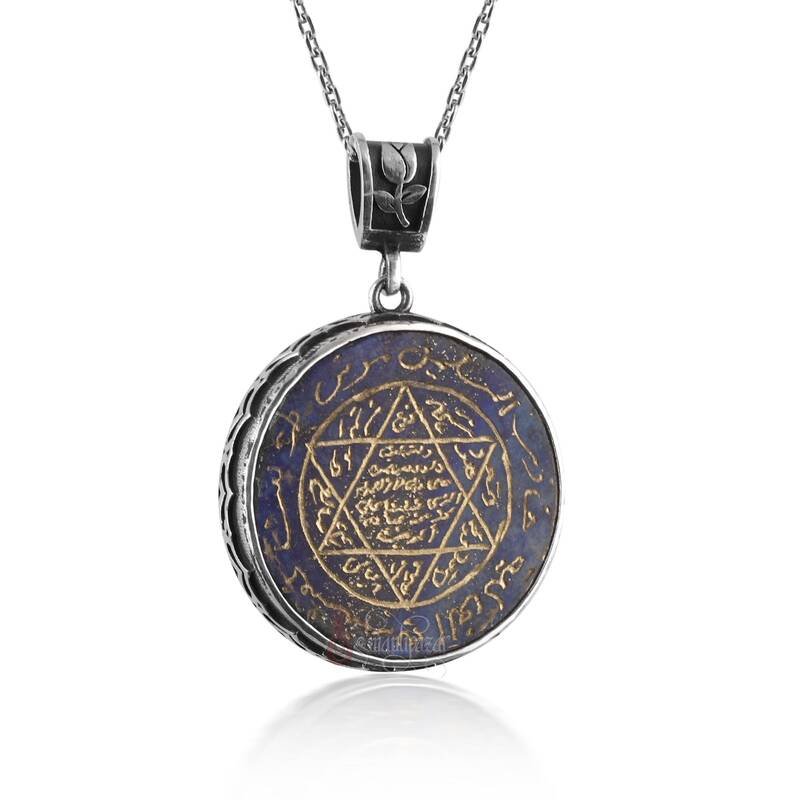 Lapis Lazuli Doğal Taşlı Mührü Süleyman Gümüş Kolye