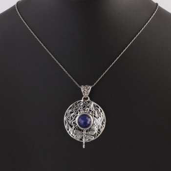 Lapis Lazuli Doğal Taşlı Özel Tasarım 925 Ayar Gümüş Yusufçuk Kolye - Thumbnail
