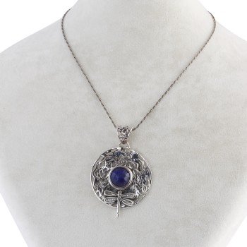 Lapis Lazuli Doğal Taşlı Özel Tasarım 925 Ayar Gümüş Yusufçuk Kolye - Thumbnail