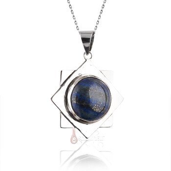 Lapis Lazuli Taşı 925 Ayar Gümüş Sekizgen Tasarım Özel Tasarım Kolye - Thumbnail