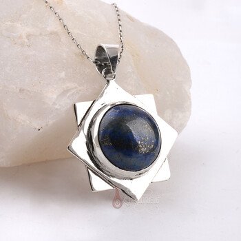 Lapis Lazuli Taşı 925 Ayar Gümüş Sekizgen Tasarım Özel Tasarım Kolye - Thumbnail