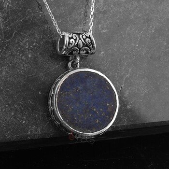 Lapis Lazuli Taşı Usta İşi 925 Ayar Gümüş Kolye - Thumbnail