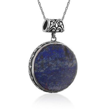 Lapis Lazuli Taşı Yuvarlak Tasarım 925 Ayar Gümüş Kolye El İşçiliği - Thumbnail