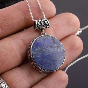 Lapis Lazuli Taşı Yuvarlak Tasarım 925 Ayar Gümüş Kolye El İşçiliği - Thumbnail
