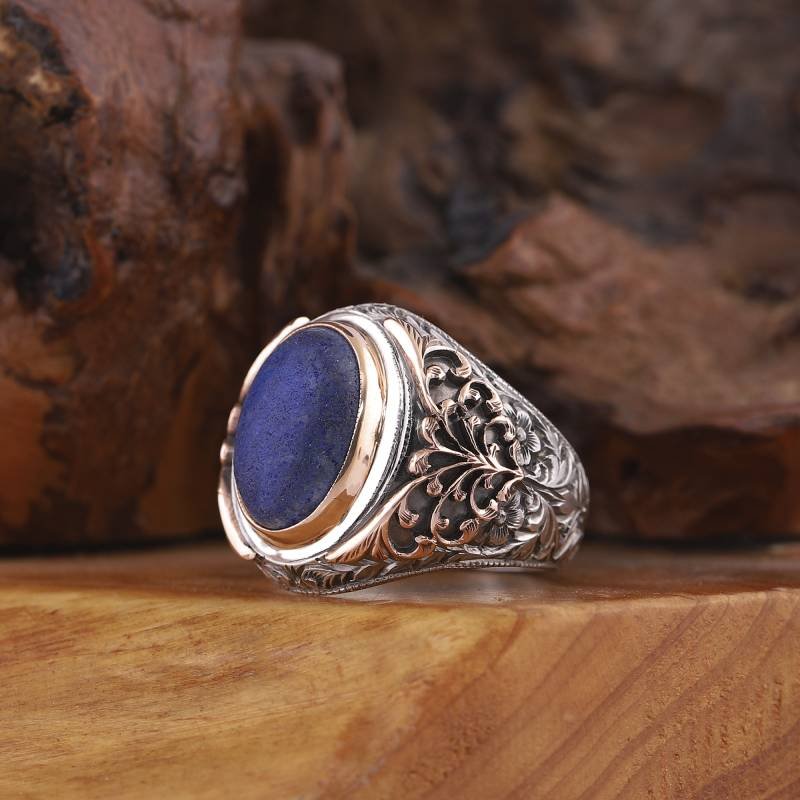 Lapis Lazuli Taşlı Özel Tasarım Nurullah Daştan Usta İşçiliği Bronz İşlemeli Gümüş Yüzük