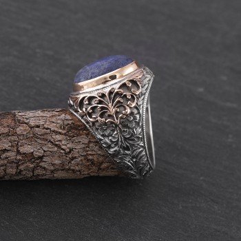 Lapis Lazuli Taşlı Özel Tasarım Nurullah Daştan Usta İşçiliği Bronz İşlemeli Gümüş Yüzük - Thumbnail