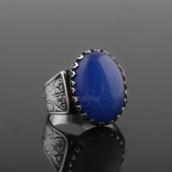 Mavi Akik Doğal Taşlı 925 Ayar Gümüş El İşçiliği Yüzük - Thumbnail