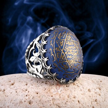 Mavi Akik Doğal Taşlı Mührü Süleyman Hilal Motifi 925 Ayar Gümüş Yüzük - Thumbnail