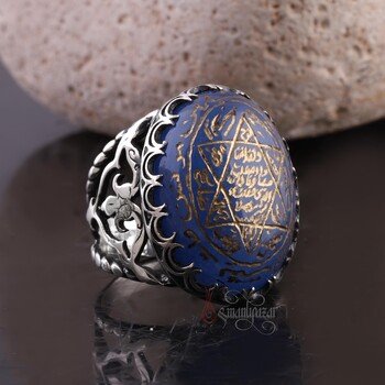Mavi Akik Doğal Taşlı Mührü Süleyman Hilal Motifi 925 Ayar Gümüş Yüzük - Thumbnail