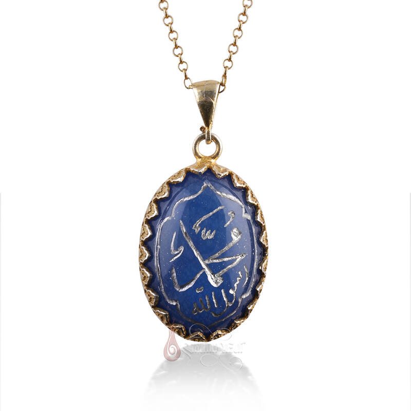  Mavi Akik Taşı El Yazısı Muhammed Resulullah Yazılı Altın Kaplama Gümüş Kolye