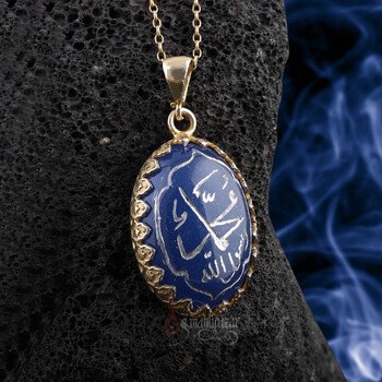  Mavi Akik Taşı El Yazısı Muhammed Resulullah Yazılı Altın Kaplama Gümüş Kolye - Thumbnail