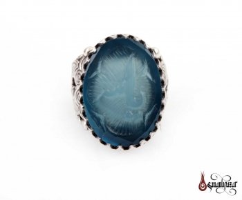 Mavi Akik Taşlı KABARTMA İsim Yazılı 925 Ayar Gümüş Yüzük - Thumbnail