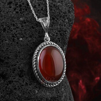 Minimal Tasarım Kırmızı Akik Taşı 925 Ayar Gümüş Kolye - Thumbnail