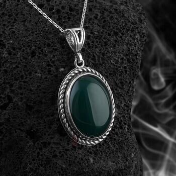 Minimal Yeşil Akik Taşı 925 Ayar Gümüş Kolye - 3