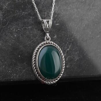 Minimal Yeşil Akik Taşı 925 Ayar Gümüş Kolye - 1