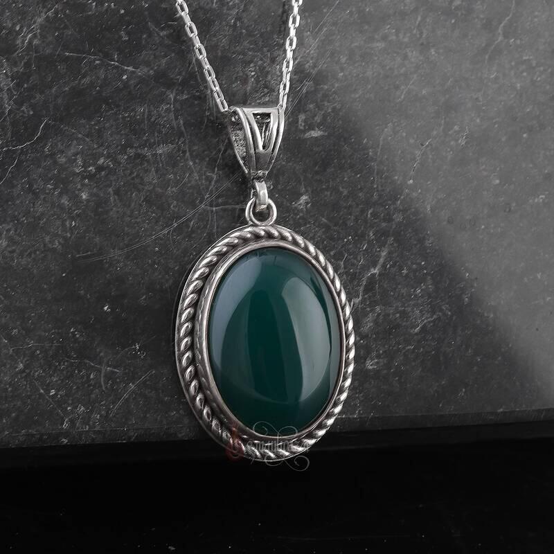 Minimal Yeşil Akik Taşı 925 Ayar Gümüş Kolye - 1