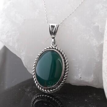 Minimal Yeşil Akik Taşı 925 Ayar Gümüş Kolye - 2