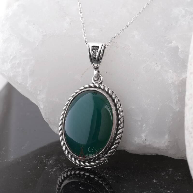 Minimal Yeşil Akik Taşı 925 Ayar Gümüş Kolye - 2