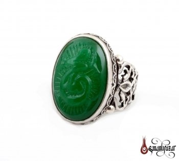 Muhammed El Kazıması Yeşil Akik Taşlı Gümüş Yüzük - Thumbnail