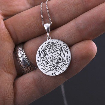 Mührü Süleyman - Tamamı El Yazması 925 Ayar Gümüş Kolye - Thumbnail