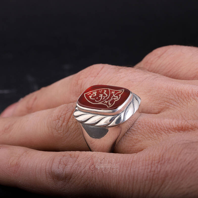 Nal-i Şerif Yazılı Elde Oyma Sanatı Akik Taşı Gümüş Yüzük - 2