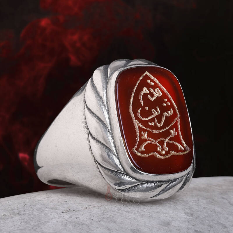 Nal-i Şerif Yazılı Elde Oyma Sanatı Akik Taşı Gümüş Yüzük - 1
