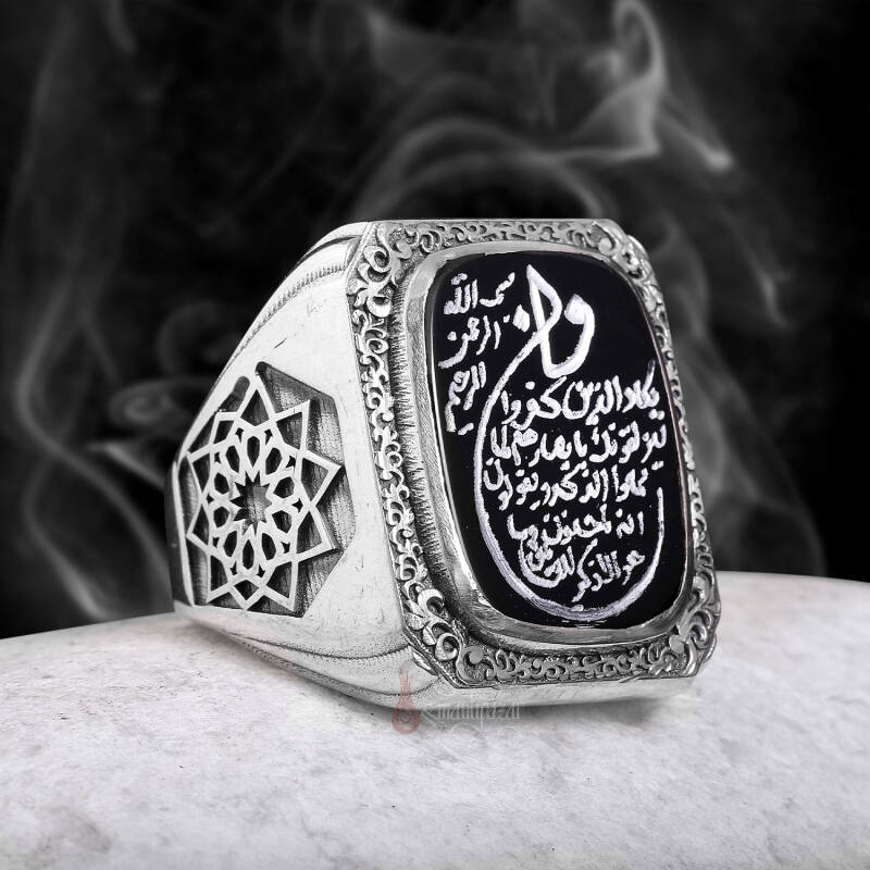 Nazar Ayeti Elde Kazıma Siyah Akik Gümüş Yüzük - 4