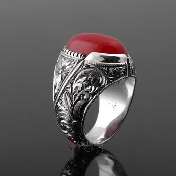 Nurullah Daştan Usta Erzurum Kalem İşçilikli Özel Tasarım 925 Ayar Gümüş Kızıl Yemen Akik Yüzük - Thumbnail