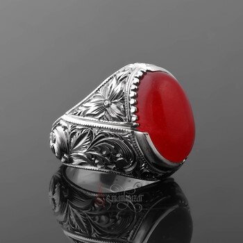 Nurullah Daştan Usta Erzurum Kalem İşçilikli Özel Tasarım 925 Ayar Gümüş Kızıl Yemen Akik Yüzük - Thumbnail