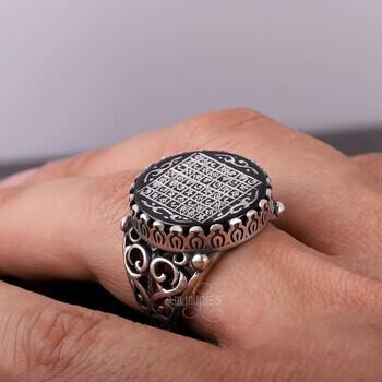 Onix Taşı Elde Oyma Sanatı Celcelutiye Yazılı Gümüş Yüzük - 5