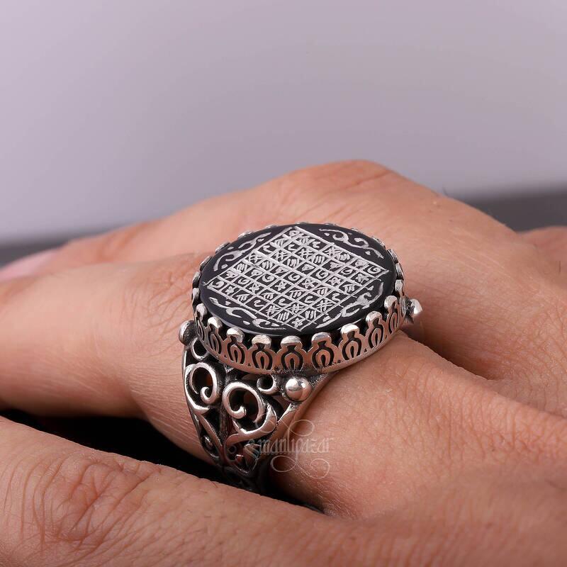 Onix Taşı Elde Oyma Sanatı Celcelutiye Yazılı Gümüş Yüzük - 5