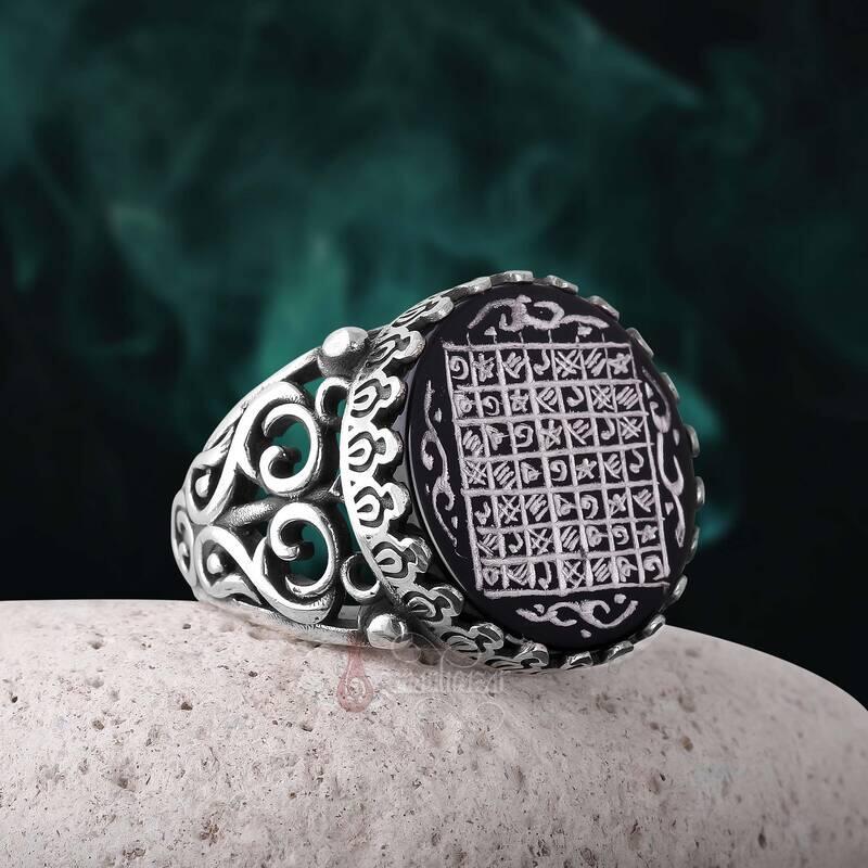 Onix Taşı Elde Oyma Sanatı Celcelutiye Yazılı Gümüş Yüzük - 1