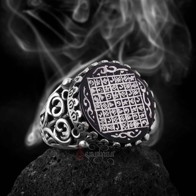 Onix Taşı Elde Oyma Sanatı Celcelutiye Yazılı Gümüş Yüzük - 3