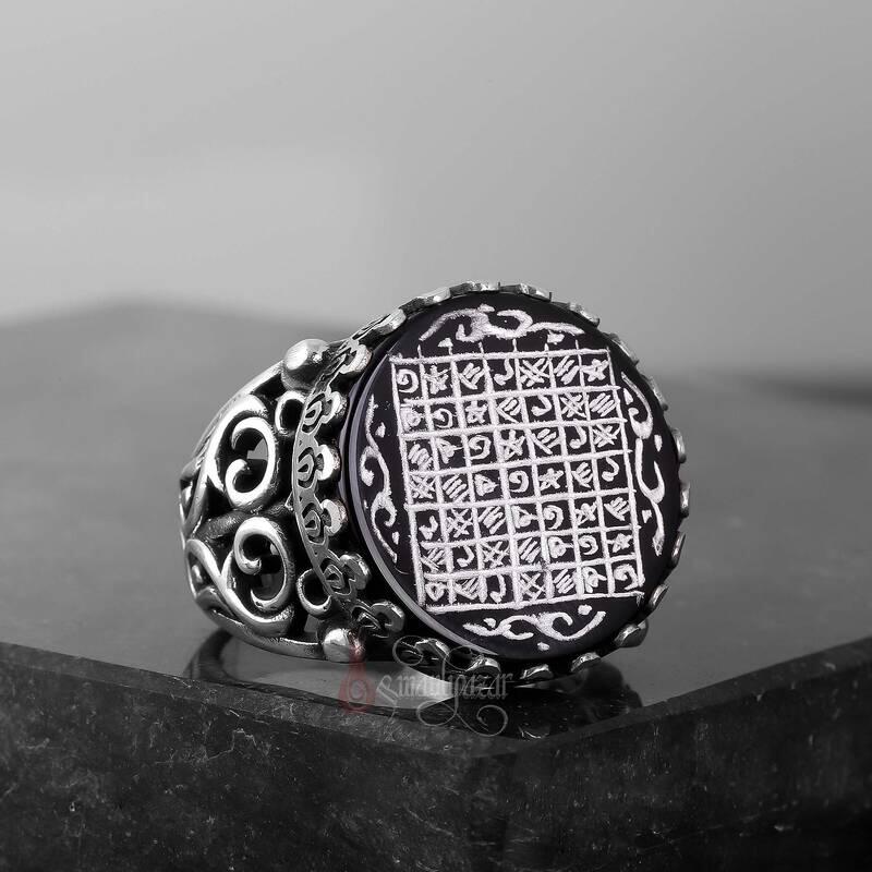 Onix Taşı Elde Oyma Sanatı Celcelutiye Yazılı Gümüş Yüzük - 4