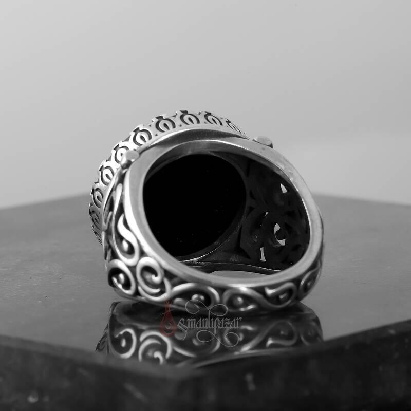 Onix Taşı Elde Oyma Sanatı Celcelutiye Yazılı Gümüş Yüzük - 6