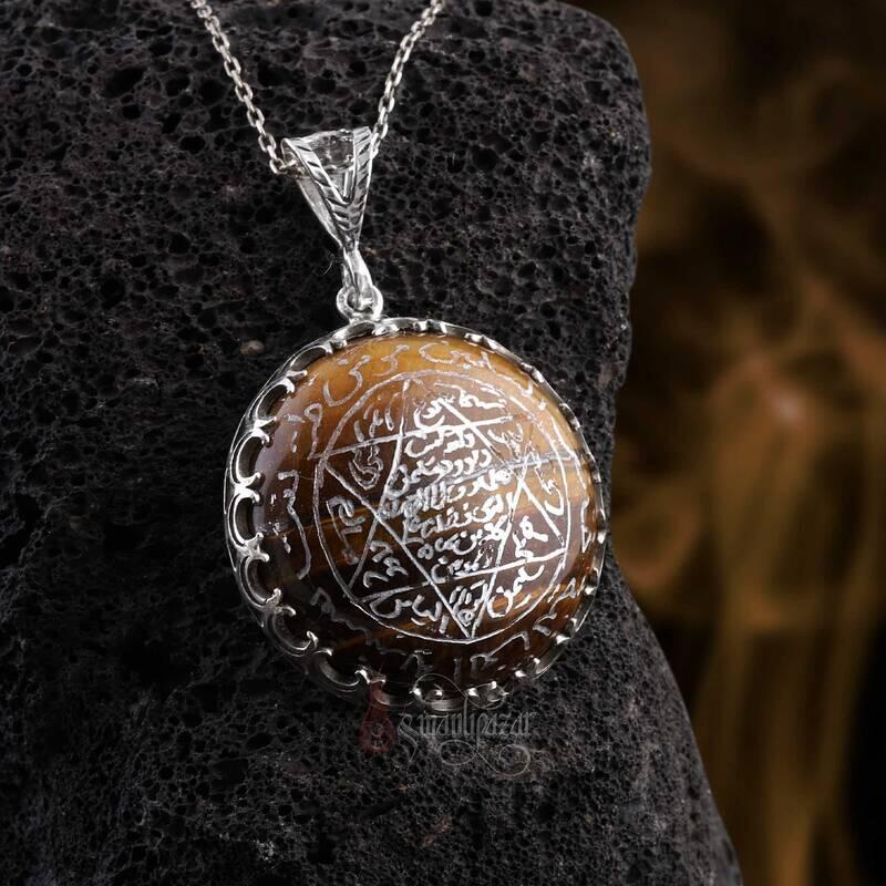 Orijinal Kaplangözü Taşı Mühr-ü Süleyman 925 Ayar Gümüş Kolye - 1