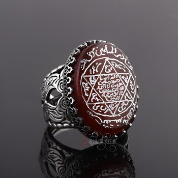 Orijinal Kızıl Yemen Akik Taşı Hz. Süleyman Mührü Elde Oyma Sanatı Gümüş Yüzük - Thumbnail