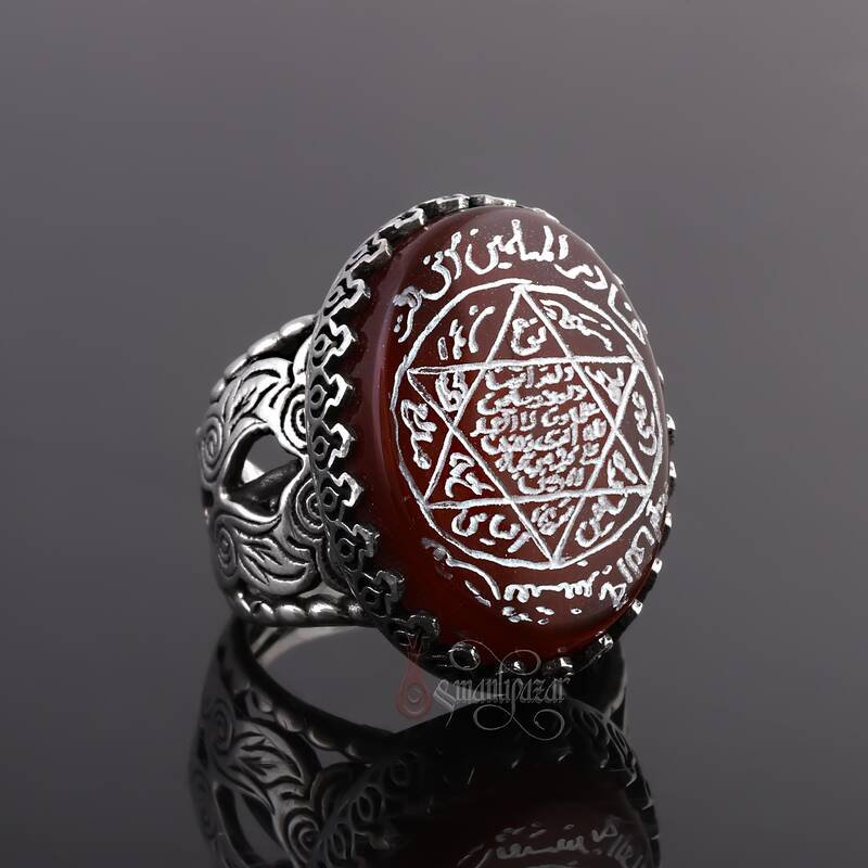 Orijinal Kızıl Yemen Akik Taşı Hz. Süleyman Mührü Elde Oyma Sanatı Gümüş Yüzük