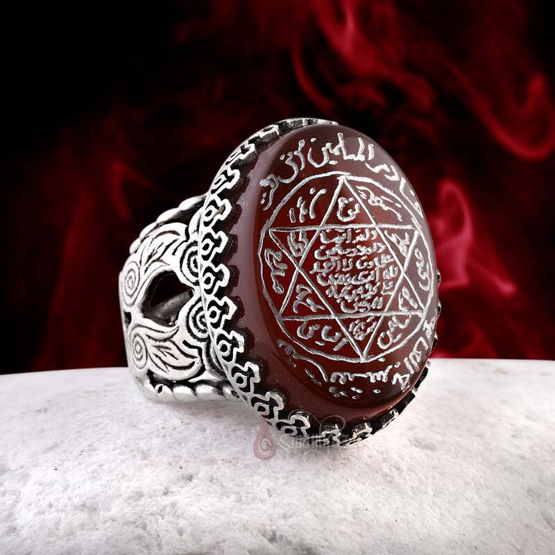 Orijinal Kızıl Yemen Akik Taşı Hz. Süleyman Mührü Elde Oyma Sanatı Gümüş Yüzük