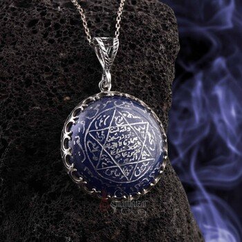 Orijinal Mavi Akik Taşı Mührü Süleyman 925 Ayar Gümüş Kolye - Thumbnail